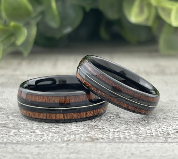 Wood Guitar String Black Tungsten Ring Set Men Women Wedding Band 8MM 6MM Size 4 to 15 His Hers Anniversary Gift Duo Engagement Promise Ring