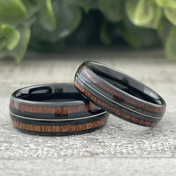 Wood Guitar String Black Tungsten Ring Set Men Women Wedding Band 8MM 6MM Size 4 to 15 His Hers Anniversary Gift Duo Engagement Promise Ring