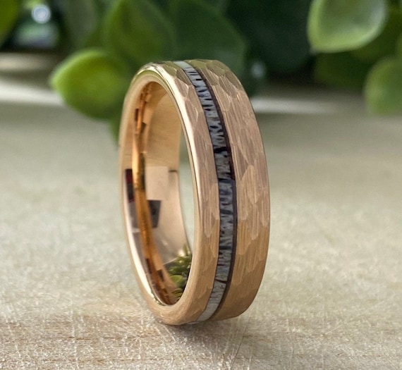 Rose Gold 6MM Deer Antler Hammered Tungsten Ring Men Women Wedding Band Comfort Fit Brush Size 5 to 14 His Hers Anniversary Engagement Gift