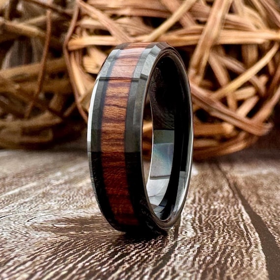 Unisex Wedding Band Black Tungsten Ring Wood Inlay Men Women 6MM Anniversary Engagement Ring