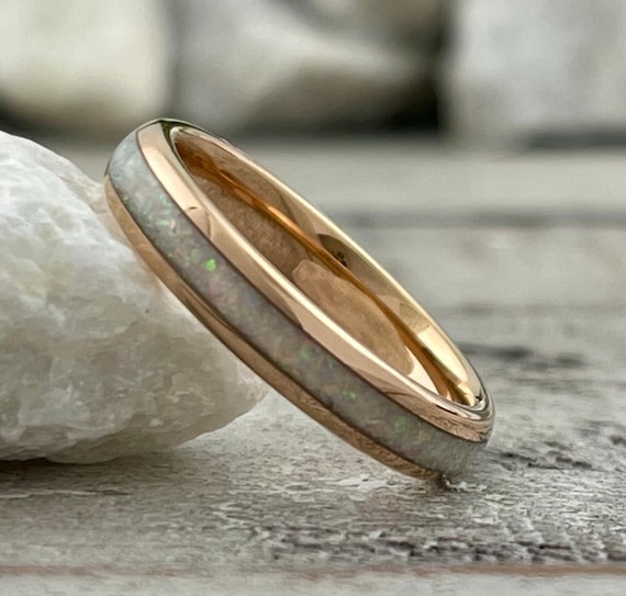 White Opal Tungsten Ring Rose Gold Women Wedding Band 4mm Thin Dome Design Size 4 to 11 Her Anniversary Engagement Promise Gift