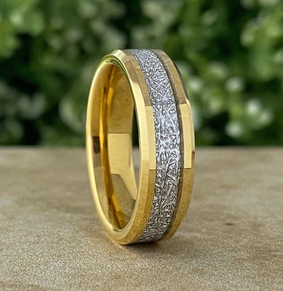 Men Gold Tungsten Ring Meteorite Wedding Band Women Beveled 6MM Width Size 5 - 14 His Her Lovely Shinny Anniversary Engagement Special Gift