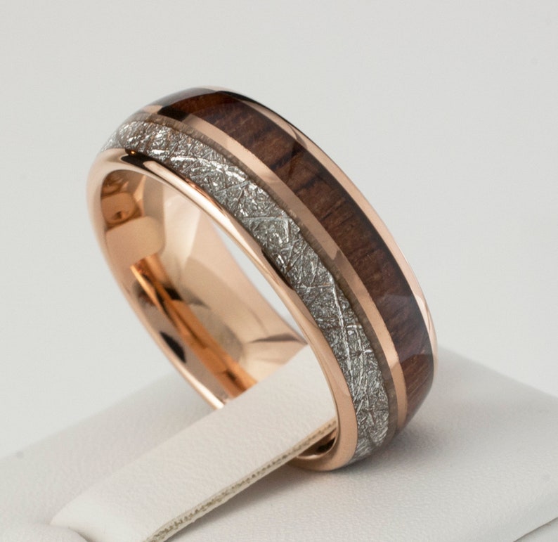 Rose Gold Wood Meteorite Tungsten Ring Male Wedding Band