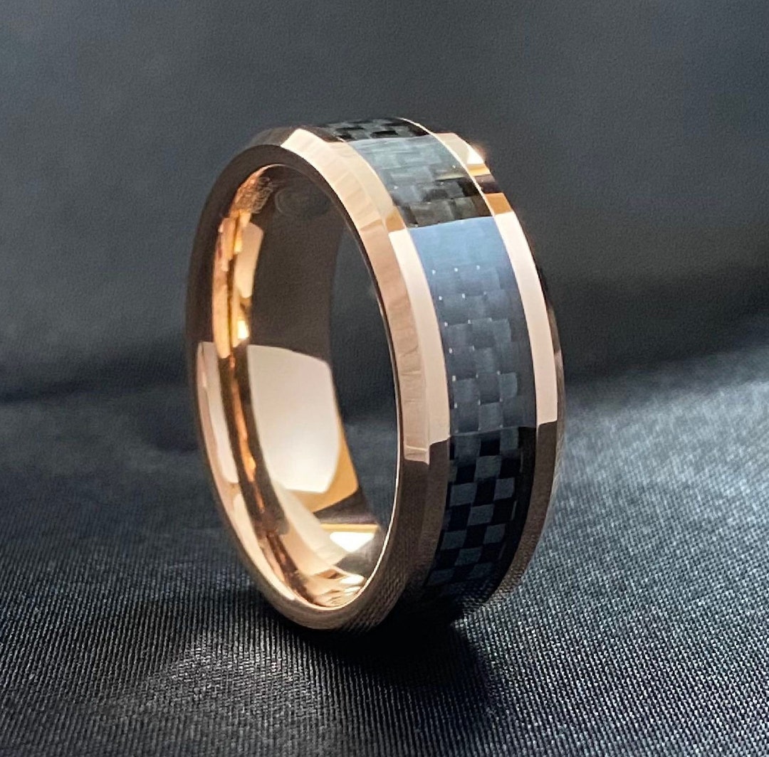 Rose Gold Men Tungsten Ring Black Carbon Fiber Inlay Male Wedding Band Beveled 8MM Size 5 to 15 His Anniversary Gift Idea Male Engagement Etsy Canada