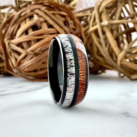 Black Engagement Tungsten Ring, Deer Antler and Wood Inlay, Mens Wedding Bands 8mm