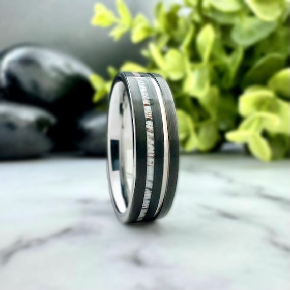 6mm Silver and Black Wedding Band Men Women Tungsten Ring with Deer Antler and Groove Inlay