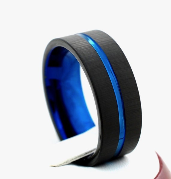 Male Tungsten Ring Blue Wedding Band Black Brushed Men Anniversary Holiday Gift Husband 8MM Size 5 to 15 Engagement Promise Fiance Circle