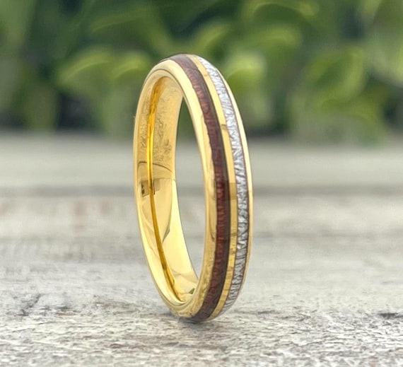 4MM Gold Tungsten Wedding Band, Wood Meteorite Inlay