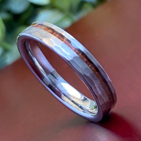 Hammered Thin Tungsten Ring 4mm Wood Inlay Women Men Grey Wedding Band Brushed Comfort Fit Size 4 to 14 His Hers Anniversary Promise Gift