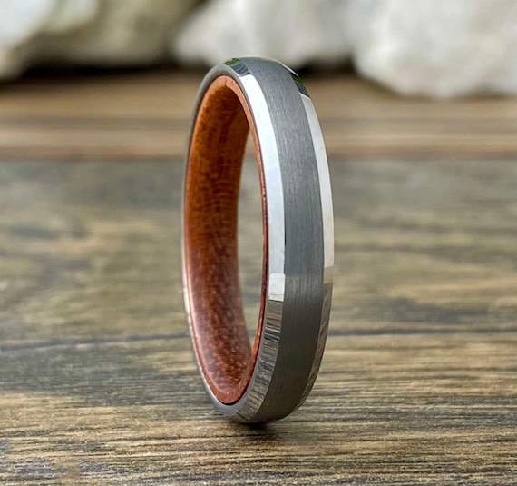 Rosewood Thin Grey Tungsten Ring 4mm Women Men Wedding Band Matte Skinny Wood Beveled Size 5 to 13 Anniversary Engagement Promise Gift Idea