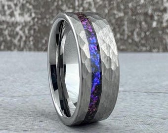 Silver Nebula Alexandrite Ring Hammered Wedding Band Gray Tungsten Carbide Purple Amethyst Ring Men Anniversary Engagement Ring 8MM