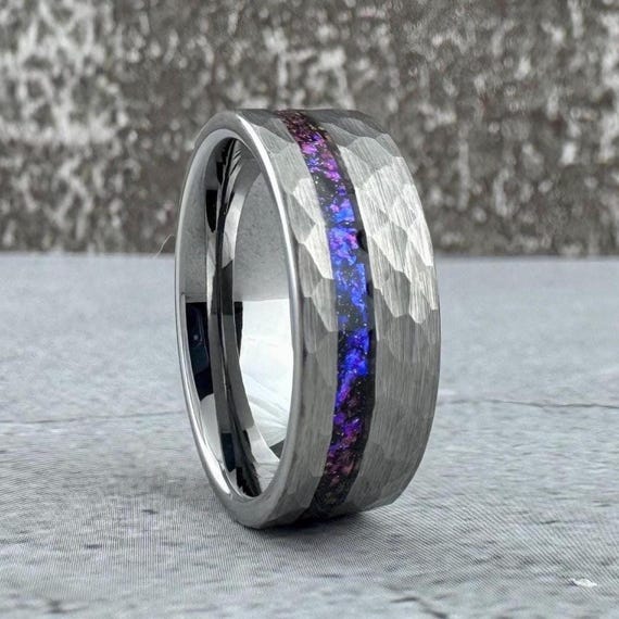 Silver Nebula Alexandrite Ring Hammered Wedding Band Gray Tungsten Carbide Purple Amethyst Ring Men Anniversary Engagement Ring 8MM