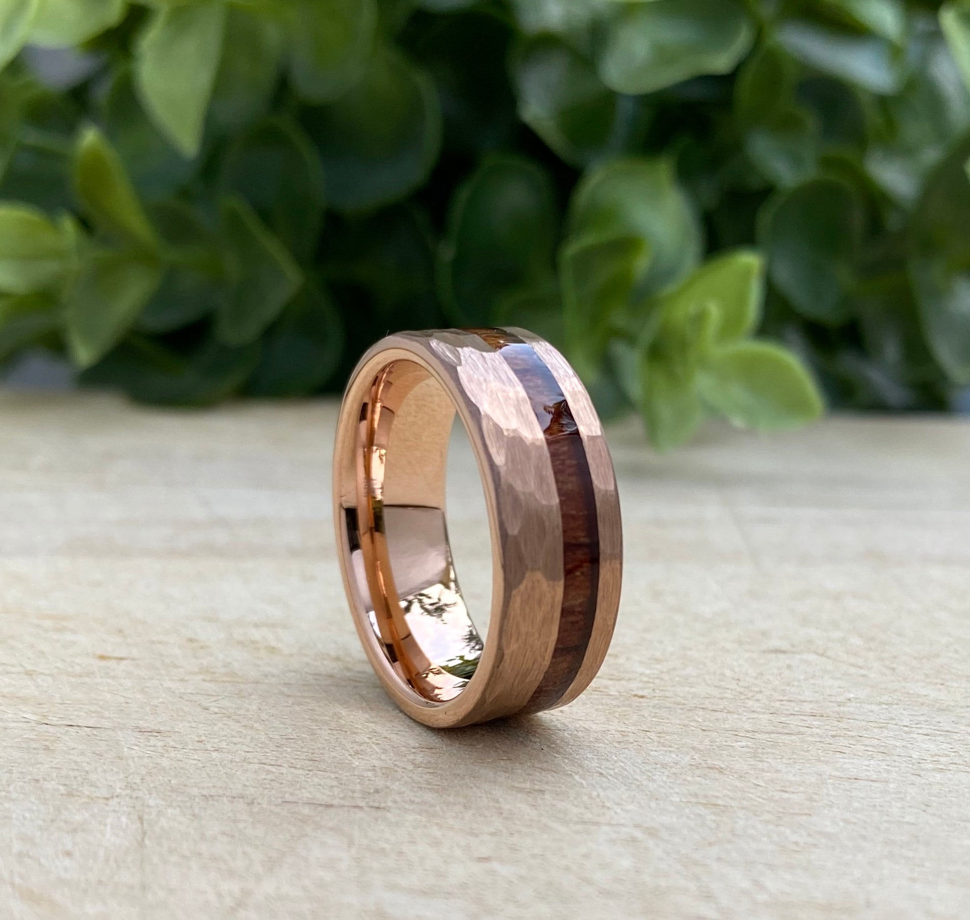  Rose  Gold  Hammered Tungsten Ring  Wood Inlay Mens  Wedding  