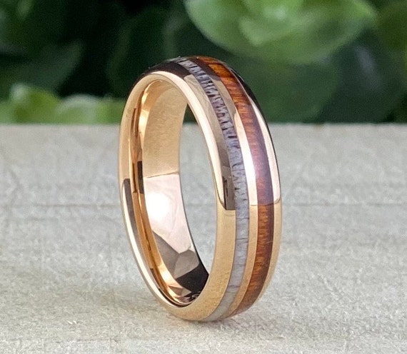 6MM Wood Deer Antler Tungsten Ring Rose Gold Wedding Band Rose Gold Men Women 2-Inlay Domed Design Size 5 to 14 His Her Anniversary Gift