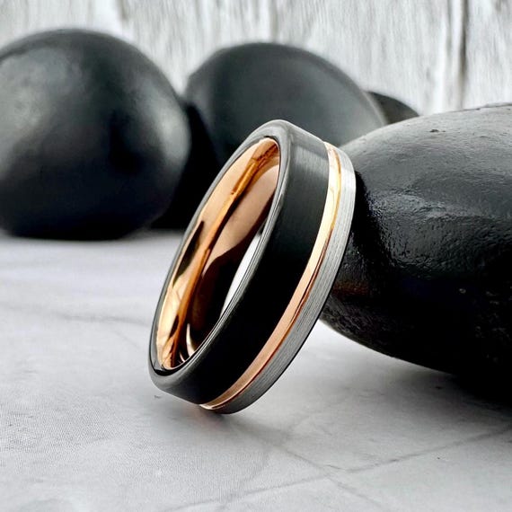 Rose Gold Tungsten Carbide Ring: Black & Gray Brushed Wedding Band, 6MM Men and Women