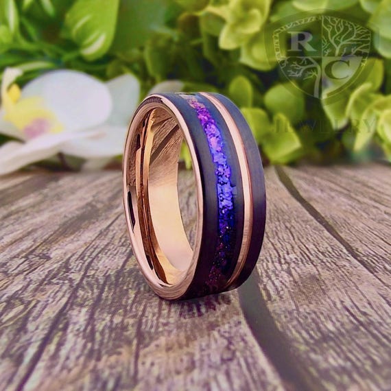 Rose Gold and Black Tungsten Ring Nebula Galaxy Inlay, Alexandrite Wedding Band Purple 8mm, Personalized Gift for Him