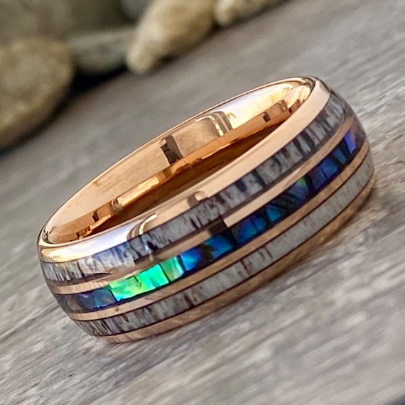 Rose Gold Men Tungsten Ring Deer Antler Mother of Pearl Inlay Women Wedding Band 8MM Size 5 to 14 Male Anniversary Engagement Promise Gift