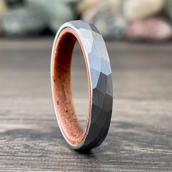4mm Thin Hammered Men Tungsten Ring Rosewood Inlay Brushed Women Wedding Band