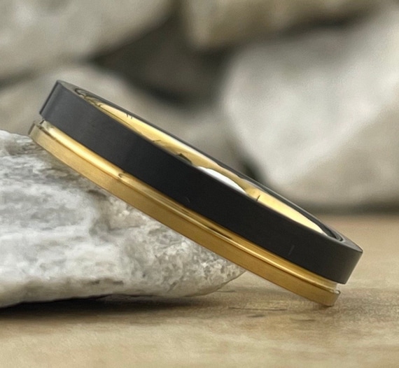 Yellow Gold Thin Wedding Band Men Women Black Two Tone Brushed 4MM Design Male Wife Anniversary Engagement Marriage Gift Sizes 4 to 14