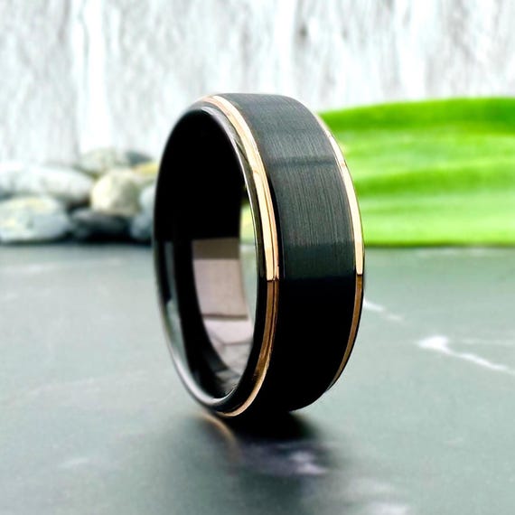 Men Black Wedding Band with Rose Gold Beveled Thin Lines, Women Classic Brushed Design Tungsten Ring 8mm His Hers Anniversary Special Gift