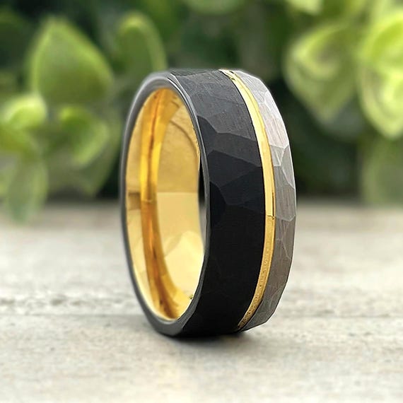 Mens Three-Tone Tungsten Ring Gold Black Grey Hammered Brushed Wedding Band 8MM, Engagement Promise Ring, Anniversary Gift