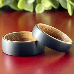 Black Wedding Band Whiskey Barrel Wood Inlay Tungsten Ring 8MM 6MM Width Size 5 to 14 Male Engagement Promise Ring Anniversary Gift Set