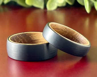 Black Tungsten Rings, Men Women Wedding Bands with Whiskey Barrel Wood Sleeve, Couples Anniversary Gift