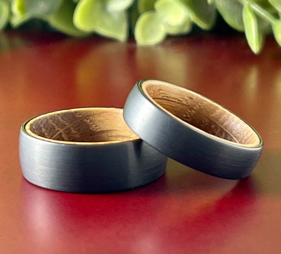 Black Wedding Band Whiskey Barrel Wood Inlay Tungsten Ring 8MM 6MM Width Size 5 to 14 Male Engagement Promise Ring Anniversary Gift Set