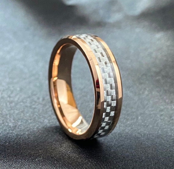 Rose Gold Men Women Tungsten Ring White Grey Wedding Band Two-Tone Carbon Fiber Inlay Beveled 6MM Size 5 to 14 His Her Anniversary Gift Idea