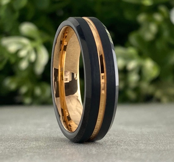 Rose Gold Tungsten Ring Black Beveled Wedding Band Men Women 6MM Anniversary Proposal Engagement His Her Gift Comfort Fit Design Size 5 - 14