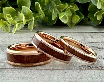 Rose Gold His and Hers Wedding Band Set Wood Inlay Tungsten Ring Men Women Wedding Anniversary Band 8MM 6MM 4MM Size 4 to 15