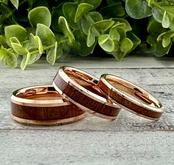 Rose Gold His and Hers Wedding Band Set Wood Inlay Tungsten Ring Men Women Wedding Anniversary Band 8MM 6MM 4MM Size 4 to 15