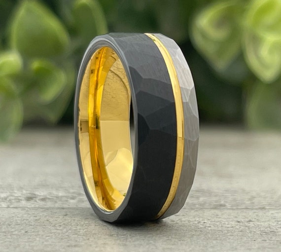 Mens Gold Tungsten Ring Hammered Black Grey Brushed Wedding Band 8MM Size 5 to 15 Promise Anniversary Engagement Gift Engraving Available