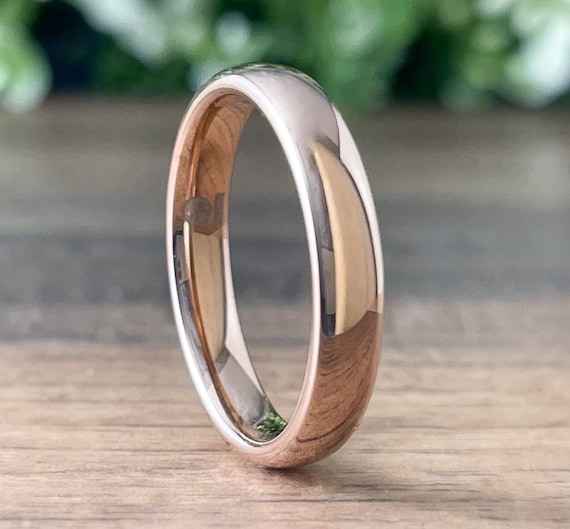 Rose Gold Thin Tungsten Ring Women Wedding Band Men Classic Polished Domed Design 4MM Width Size 4 to 14 Husband Wife Anniversary Gift Idea