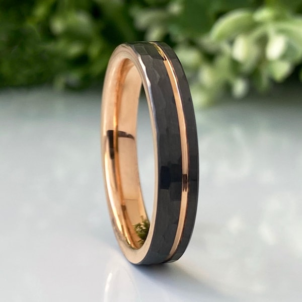 Thin Gunmetal Rose Gold Tungsten Ring Women Men Wedding Band Hammered Channel Inlay Style 4MM Size 4 to 14 Engagement Anniversary Love Gift