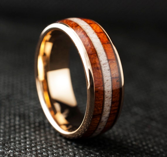 Wood Tungsten Ring Deer Antler Men Wedding Band Rose Gold Domed Triple Inlay 8MM Size 5 to 14 His Anniversary Male Engagement Promise Loop