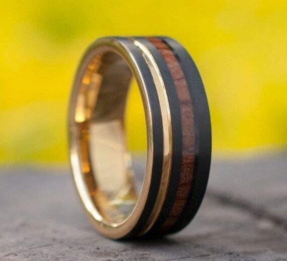 Black Tungsten Ring Gold Wedding Band Wood Inlay Yellow Groove Men 8MM Comfort Fit Design Size 5 to 15 His Perfect Anniversary Marriage Gift