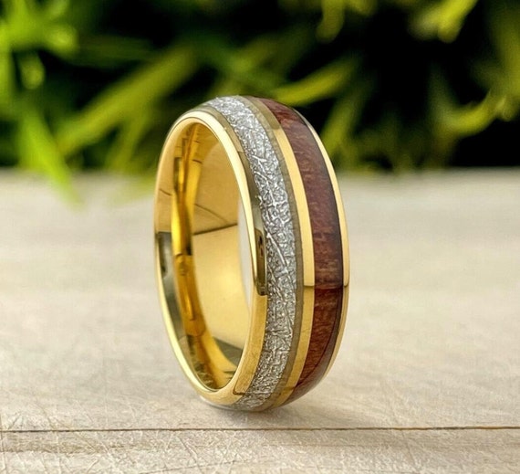Wood Meteorite Gold Tungsten Ring Male Wedding Band Polished 2-Inlay Domed Design 8MM Size 5 to 15 Mens Promise Anniversary Fathers Day Gift