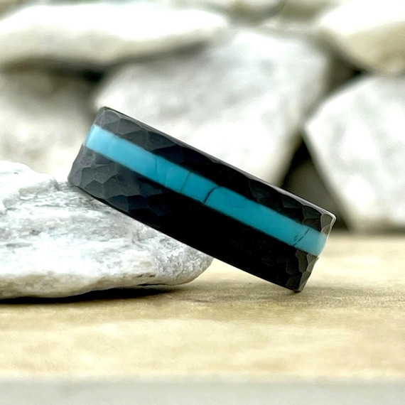 Black Hammered Turquoise Wedding Band Mens Tungsten Ring 8MM Comfort Fit Design Size 5 to 15 Male Unique Fashion Anniversary Love Gift