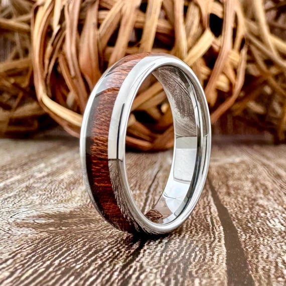Koa Wood Tungsten Ring Women Wedding Band Men's Gray Silver Polished Dome 6mm Unisex Ring