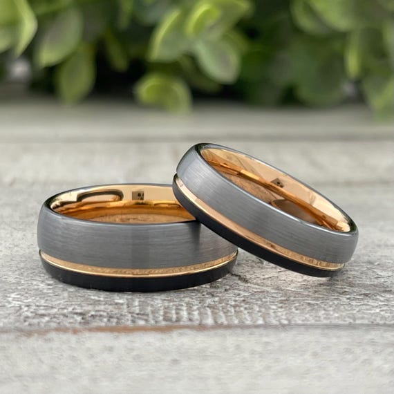 Rose Gold Wedding Ring Set Men Women Black And Grey 8MM 6MM Anniversary Bands Or Single Ring Size 4 to 15 Husband Wife Duo Couple Gift