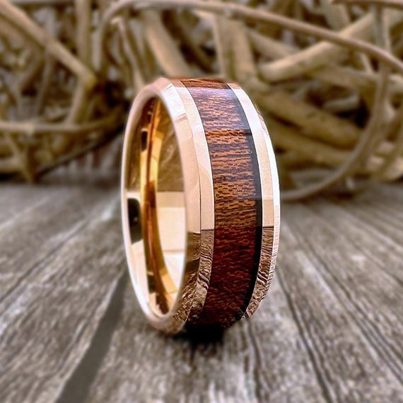 Rose Gold Koa Wood Ring Men Women Wedding Band Polished Beveled 8MM