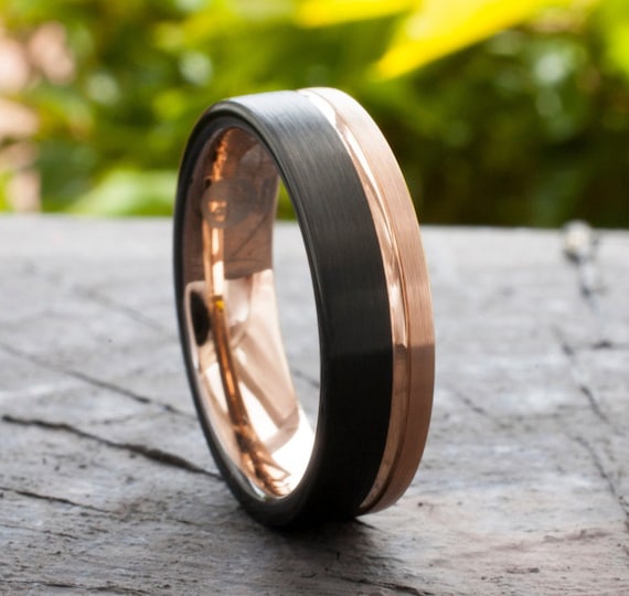 Rose Gold Tungsten Ring Black Men Women Two Tone Wedding Band Groove Inlay Brushed 6MM Sizes 5 to 14 His Hers Anniversary Engagement Gift