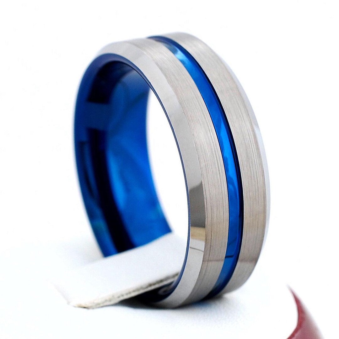 Queenwish Men's Tungsten Wedding Ring - 8mm Blue Brushed Comfort Fit, Size 11