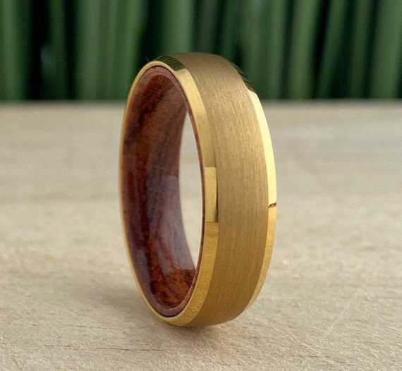 Yellow Gold Tungsten Ring Wood Sleeve Wedding Band Men Women Beveled 6MM Rosewood Inside Style Size 5 - 14 His Hers Anniversary Promise Gift