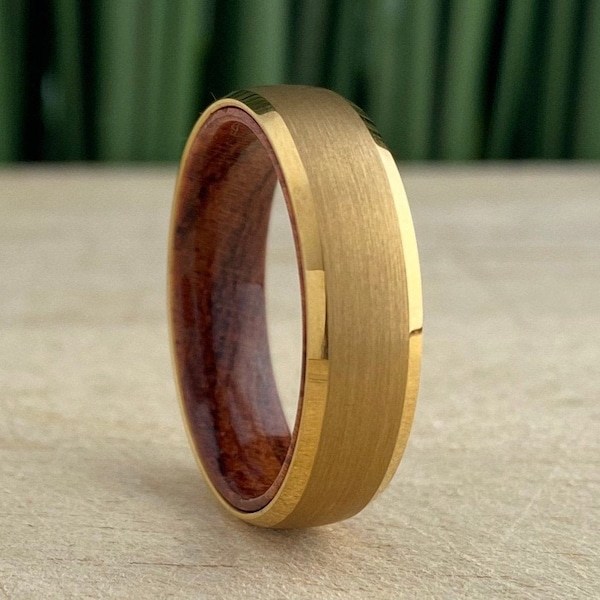 Yellow Gold Tungsten Ring Wood Sleeve Wedding Band Men Women Beveled 6MM Rosewood Inside Style Size 5 - 14 His Hers Anniversary Promise Gift