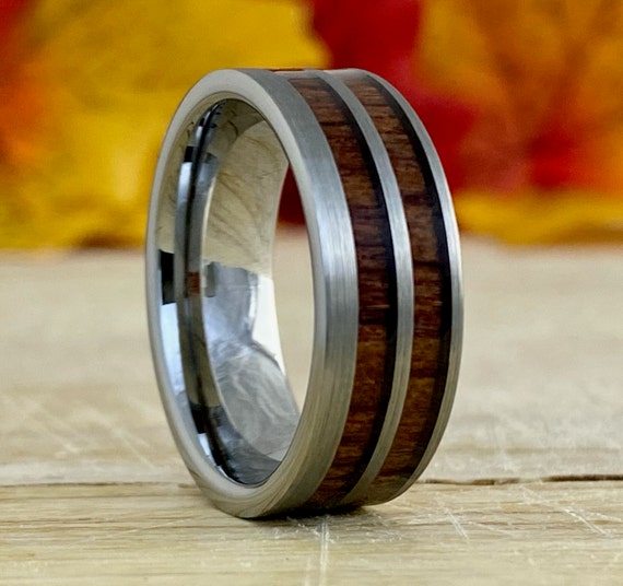 Grey Mens Wedding Band Double Wood Inlay Tungsten Ring Brush 8MM Size 5 - 14 Male Promise Engagement Anniversary Holiday Gift Engraving Serv