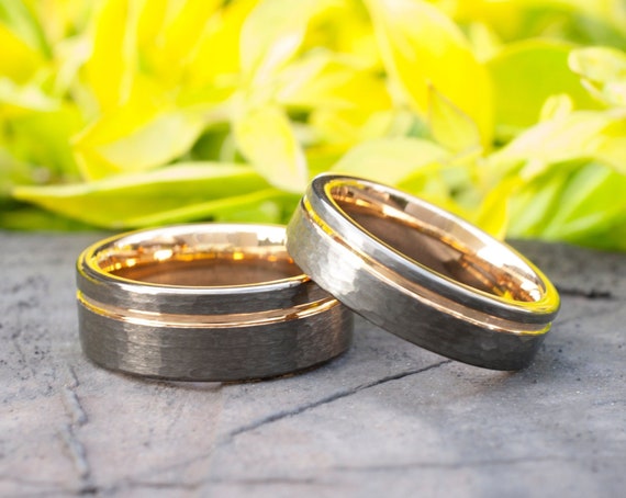 Rose Gold Tungsten Ring Hammered Gunmetal Set Or Single Wedding Band Light Black Brushed Design Men Women 8MM 6MM Size 4-15 Anniversary Gift