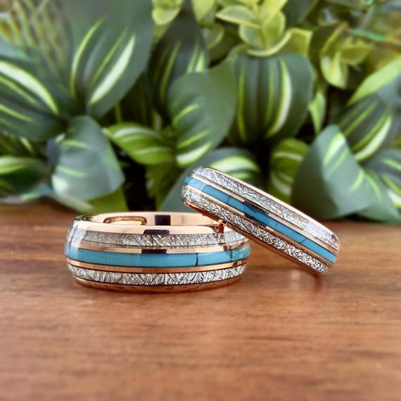Rose Gold Tungsten Ring with Turquoise and Meteorite Inlay, Men & Women Wedding Band Set, Anniversary Gift Idea