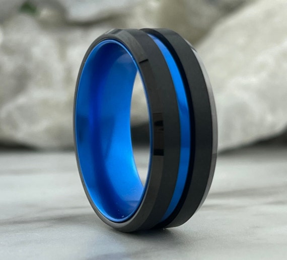 Black Blue Wedding Band Men Tungsten Ring 8mm Size 5 to 14 Engagement Promise Ring Great Anniversary Gift Comfort Fit  Personal Engraving